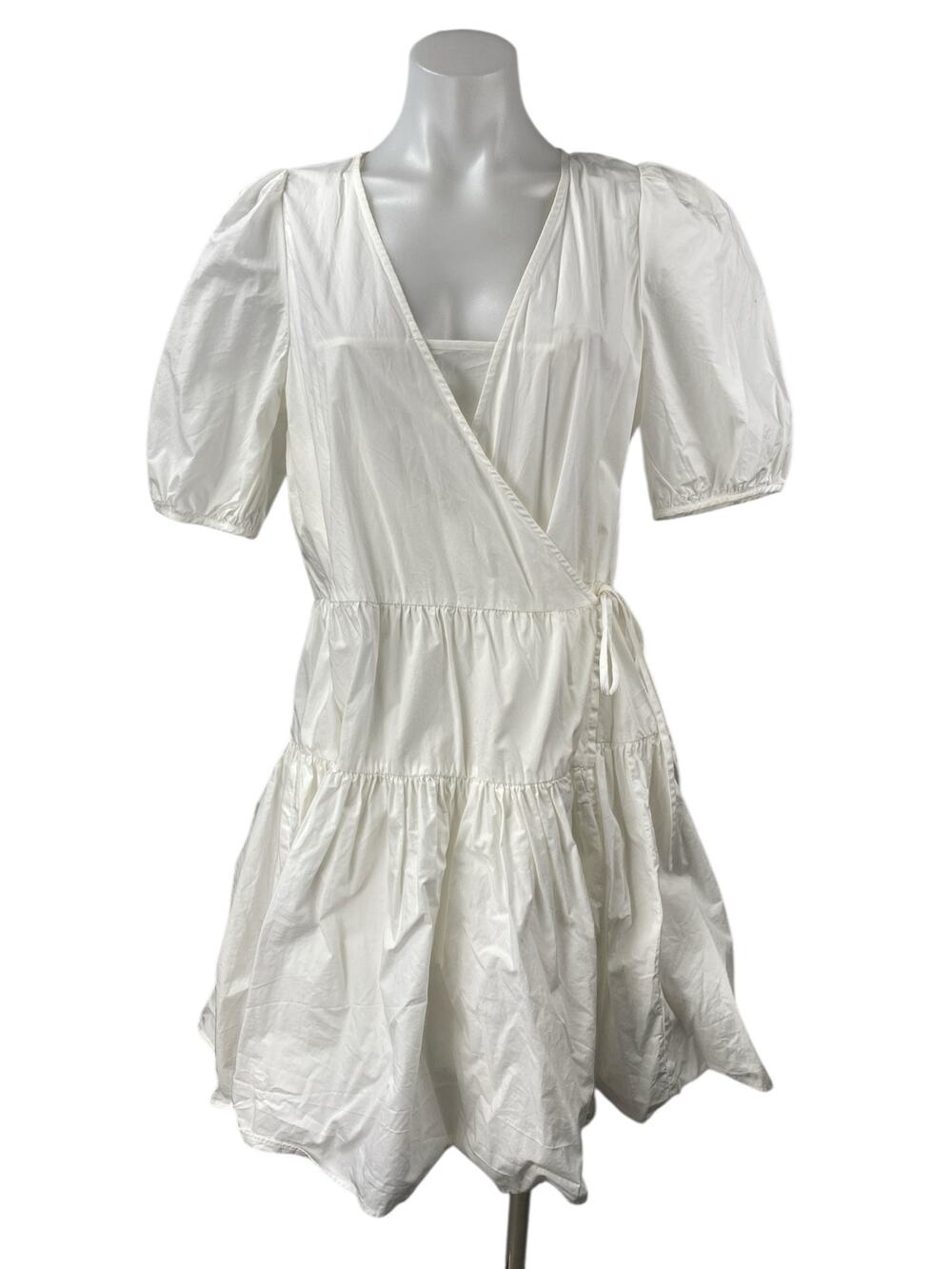 J.Crew White Short Puff Sleeves V Neck Side Tie Mini A-Line Wrap Dress Size S